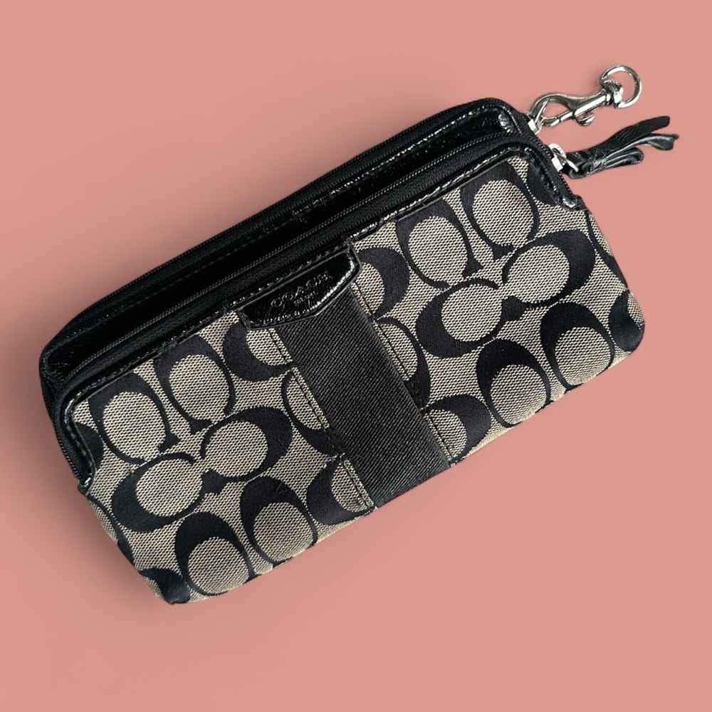 COACH Signature Monogram Black and White Double Zip Wallet / Wristlet